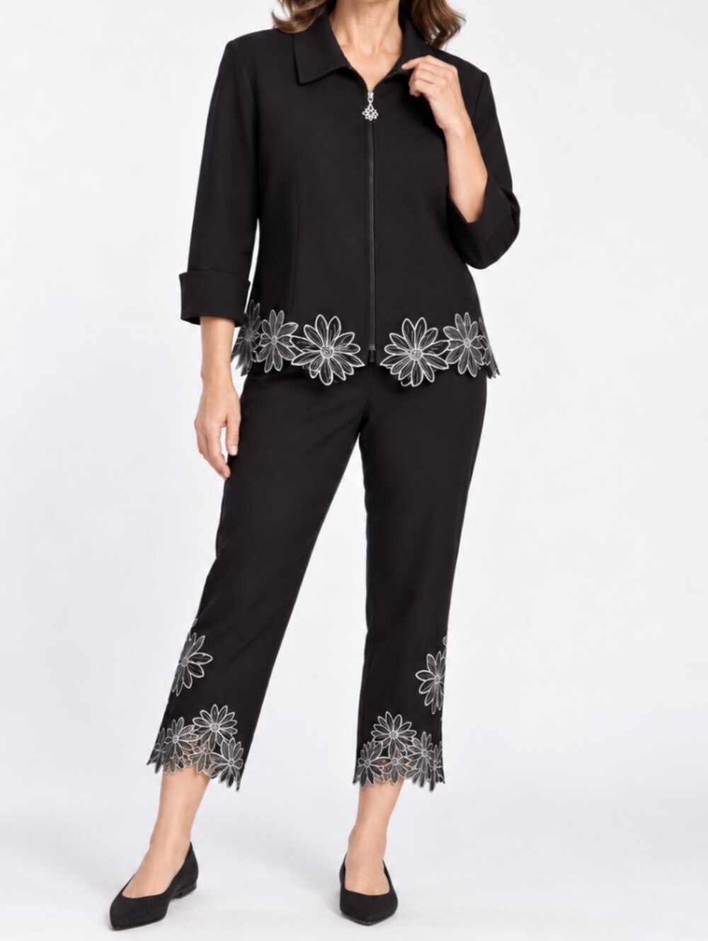 Joseph Ribkoff Black White Floral Embroidered Jacket & Pant Set Plus Size 14
